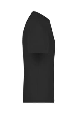 A black T-shirt with short sleeves and a plain design, featuring a logo on the front.