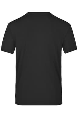 A plain black T-shirt featuring a simple design and a logo on the back.