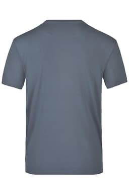 A grey T-shirt featuring a classic crew neck and short sleeves, with a logo on the back.