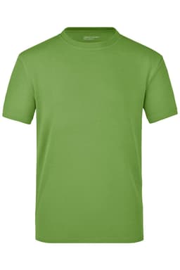 A green T-shirt with a round neck and short sleeves. It features a logo on the side.