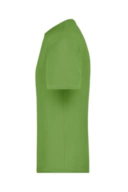 A green T-shirt displayed from the side, featuring a simple design and a logo on the fabric.