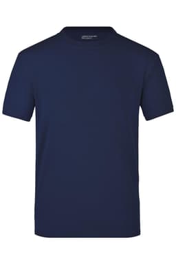 A navy blue T-shirt with a round neckline and short sleeves, featuring a logo on the label.