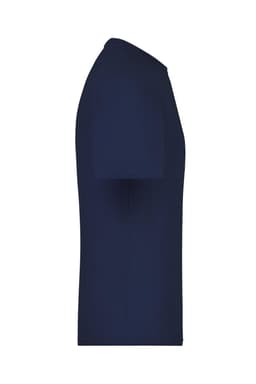 A navy blue T-shirt with short sleeves, featuring a plain design and a branding logo on the fabric.