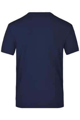 A navy T-shirt with a standard crew neck and short sleeves, featuring a logo on the back.