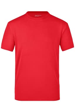A red T-shirt featuring a round neck and short sleeves, with a logo on the tag.