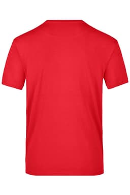 A plain red T-shirt with a short sleeve and a standard fit, featuring a branding logo on the back.