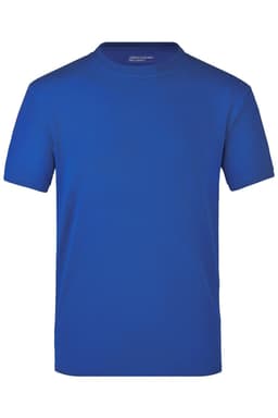 A blue short-sleeved T-shirt featuring a plain design and a logo on the neckline.