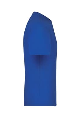 A blue T-shirt featuring short sleeves and a round neckline, displayed from the side. It has a logo.