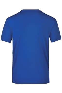 A blue T-shirt with a short-sleeve design, featuring a plain back and a logo on the side.