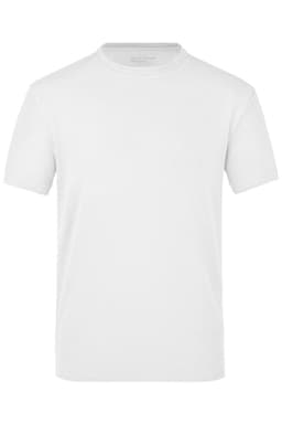 A white T-shirt featuring short sleeves and a round neckline. It has a simple design and includes a logo.