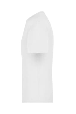 A white T-shirt featuring a simple design with short sleeves and a classic fit, also displaying a logo.