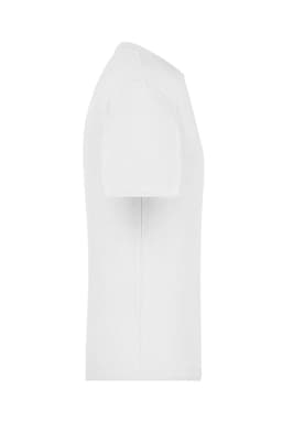 A white T-shirt displayed from the side, featuring a simple design and a standard fit. It also has a logo.