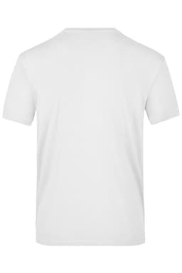 A plain white T-shirt featuring a crew neck and short sleeves, with a logo on the back.