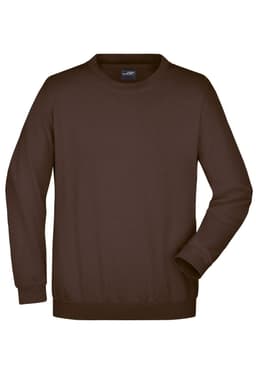 A brown jumper featuring a round neck and long sleeves, with a visible logo on the label.