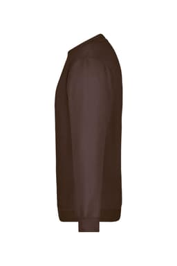 A brown sweater with long sleeves and a crew neckline. It features a logo on the front.
