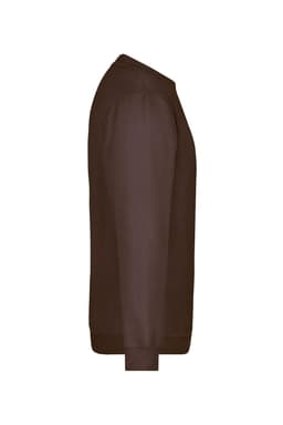 A brown round sweat heavy jumper featuring long sleeves and a crew neck, with a branding logo.