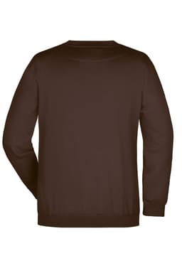 A dark brown jumper with a simple design, featuring a round neckline and long sleeves, with a logo on the back.