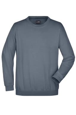 A round-neck, heavy grey jumper with long sleeves and a slightly relaxed fit. It features a logo on the label.