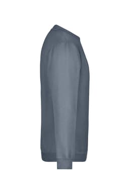 A grey sweatshirt with a round neck and long sleeves, featuring a logo on the front.