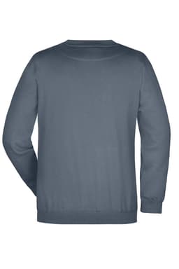 A round-neck sweater in a muted blue shade, featuring a plain back design and cuffs. It has a branded logo.