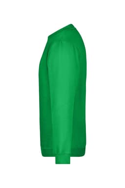 A green jumper features a classic crew neck and long sleeves, with a branding logo on the side.