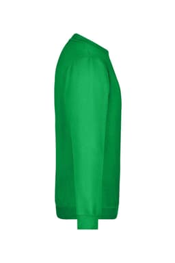 A green round-neck sweatshirt with long sleeves and a ribbed cuff. It includes a branding logo.