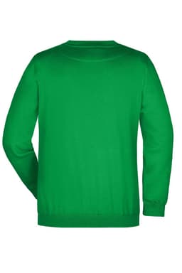 A green round sweat jumper with a crew neck and long sleeves, featuring a plain back and a logo.