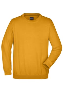 A yellow round sweat jumper featuring a crew neckline and long sleeves. The garment has a branding logo.