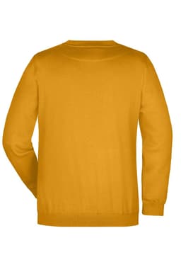 A yellow sweatshirt with a round neckline and long sleeves, featuring a logo on the back.