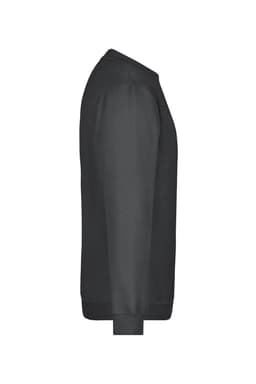 A side view of a black jumper, featuring long sleeves and a round neckline, with a logo present.