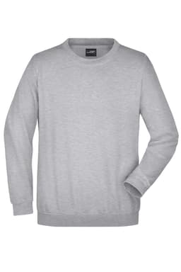 A grey round neck sweatshirt with long sleeves, featuring a subtle logo on the neckline.