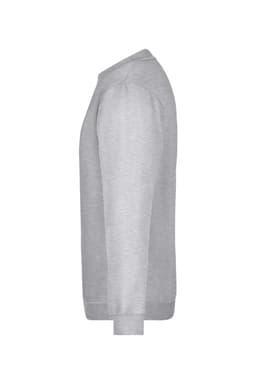 A grey sweatshirt with a round neck and long sleeves, featuring a logo on the front.