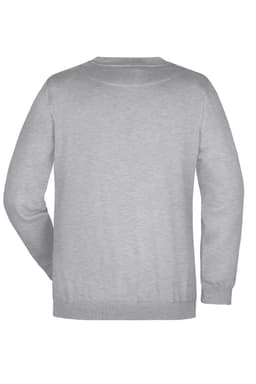 A grey jumper, featuring a simple design and a crew neck, with a branding logo on the back.
