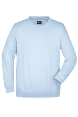 A light blue round neck sweat jumper with long sleeves and a branded tag in the neckline.