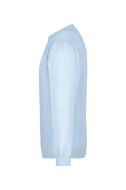 A light blue round sweat jumper displayed from the side, featuring a simple design and a sleeve cuff.