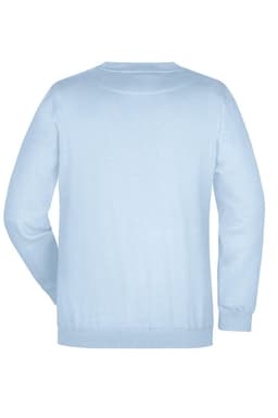 A light blue round neck sweater with long sleeves, featuring a plain design and a branding logo on the back.