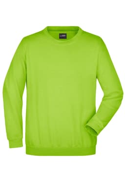 A bright green round-necked sweater with long sleeves and a ribbed hem, featuring a small logo on the label.