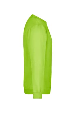 A bright green round neck sweatshirt with long sleeves, featuring a branding logo.