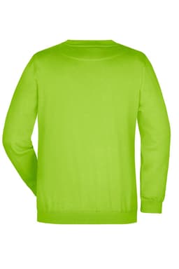 A green jumper with a round neckline and long sleeves, featuring a logo on the back.