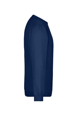 A navy blue sweatshirt with a crew neck, featuring a side view outline and long sleeves. It has a logo.