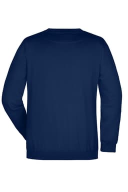 A navy blue round sweat jumper with long sleeves and a plain back design. It features a branding logo.