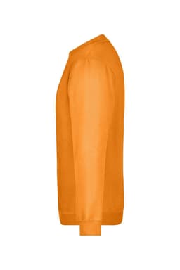An orange round sweat heavy jumper with long sleeves, shown from the side. It features a simple design and has a logo.