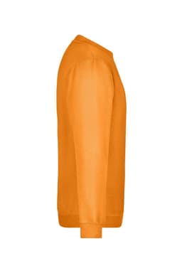 An orange round sweat jumper featuring long sleeves and a crew neck. It has a logo on the fabric.