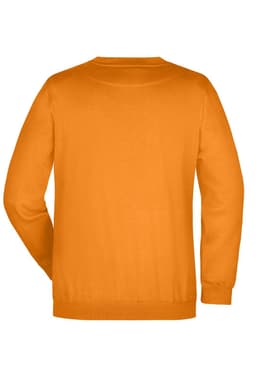 A round neck, long-sleeved sweater in bright orange, featuring a plain back design and a logo.