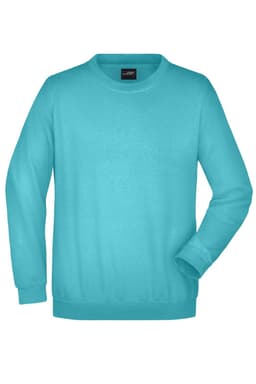 A turquoise sweat jumper with a crew neck and long sleeves, featuring a logo on the tag.