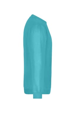 A turquoise round sweat jumper with long sleeves and a crew neck. It features a brand logo.