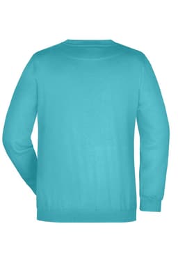A turquoise round sweat jumper featuring a plain back design and a simple silhouette. Includes branding.