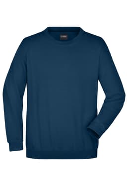 A navy blue jumper with long sleeves and a round neckline, featuring a logo on the label.