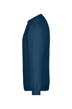 A navy blue sweater featuring a round collar and long sleeves, with a logo on the chest.
