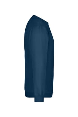 A navy blue round sweat jumper with a crew neck and long sleeves, featuring a logo on the front.